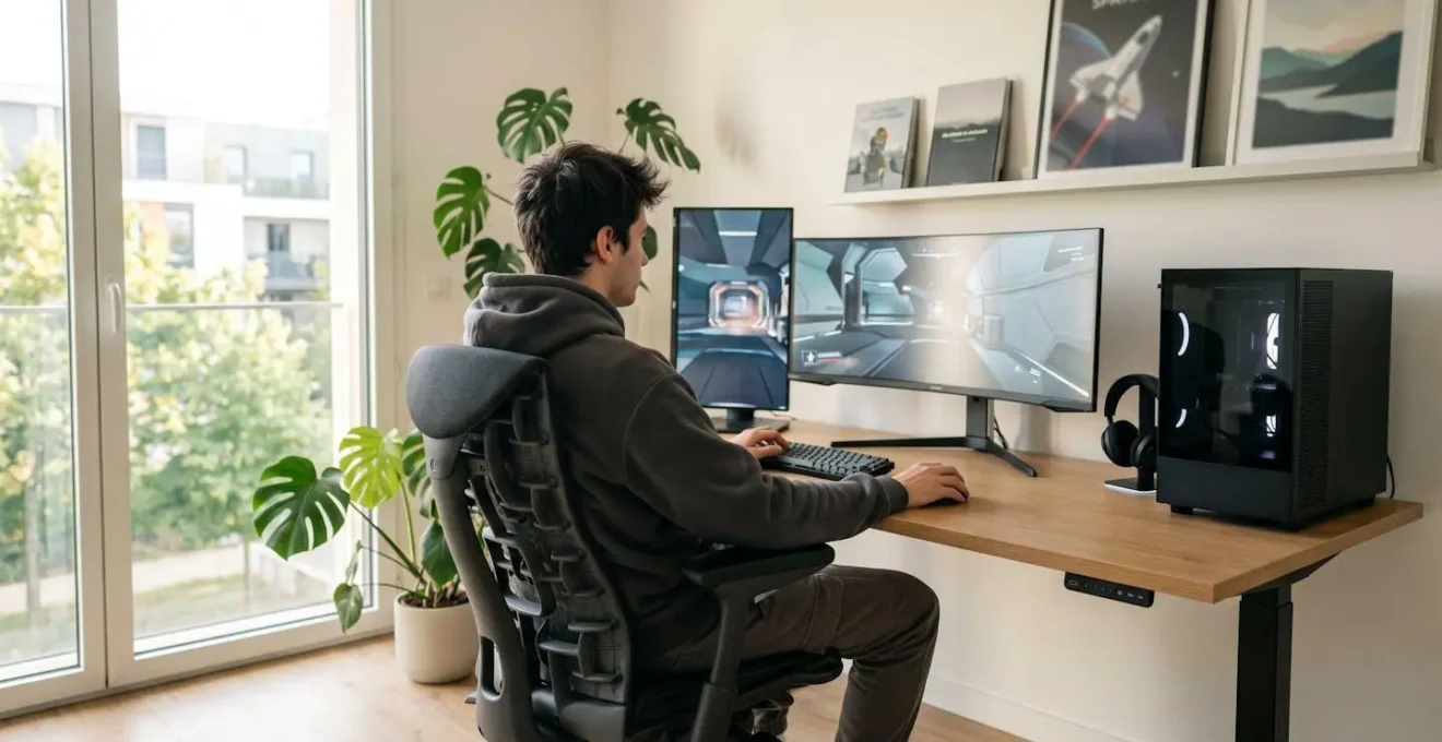 Un jeune joueur vu de dos assis sur une chaise gaming dans un setup moderne éclairé naturellement