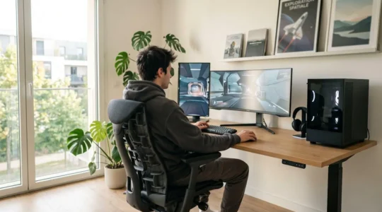Un jeune joueur vu de dos assis sur une chaise gaming dans un setup moderne éclairé naturellement