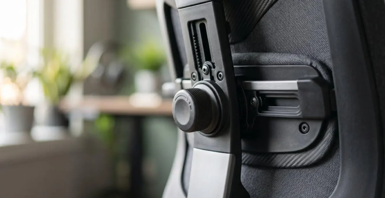 Gros plan sur le mécanisme de réglage en hauteur d'un soutien lombaire de chaise gaming