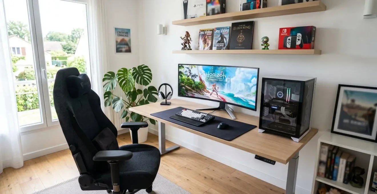 Vue en contre-plongée d'un setup gaming moderne avec chaise vide au premier plan dans une pièce lumineuse
